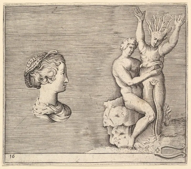 Head of Woman in Profile; Apollo and Daphne, from "Ex Antiquis Cameorum et Gemmae Delineata/ Liber Secundus/et ab Enea Vico Parmen Incis" Wall Art by Anonymous, Italian, 16th century - High-Resolution Digital Print