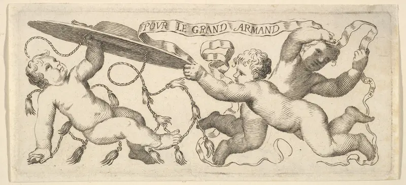 Headband: Two Infants with a Cardinal's Hat, a Third with a Banderole Wall Art by Claude Mellan - High-Resolution Digital Print