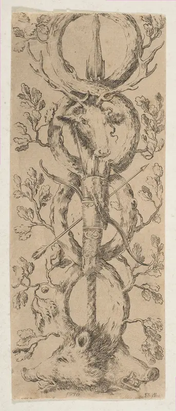 Heads of a Stag and Two Boars in Rinceaux of Oak Branches Wall Art by Stefano della Bella - High-Resolution Digital Print