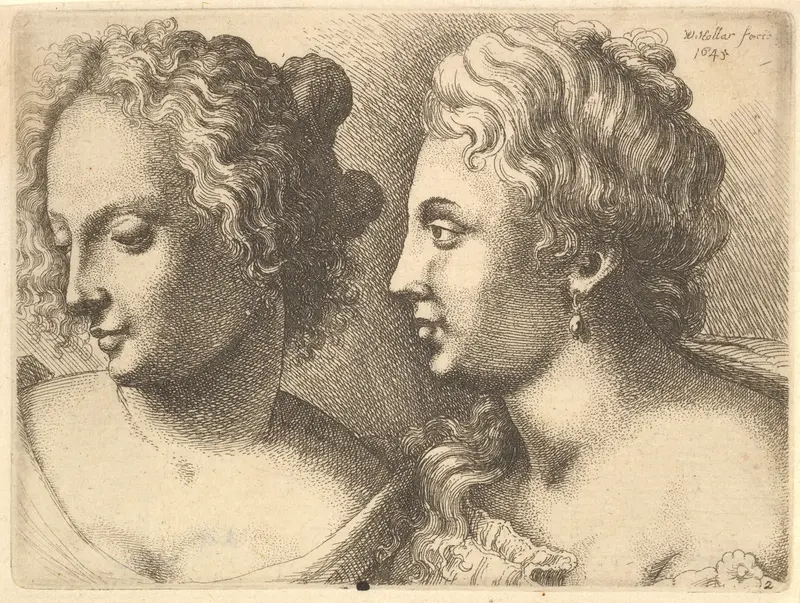 Heads of two young women Wall Art by Wenceslaus Hollar - High-Resolution Digital Print
