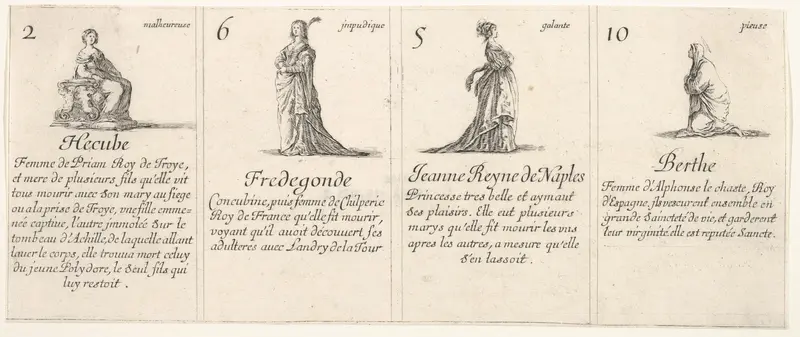 Hecube, Fredegonde, Ieanne Reyne de Naples, and Berthe, from "The Game of Queens" (Le Jeu des Reines Renommées) Wall Art by Stefano della Bella - High-Resolution Digital Print
