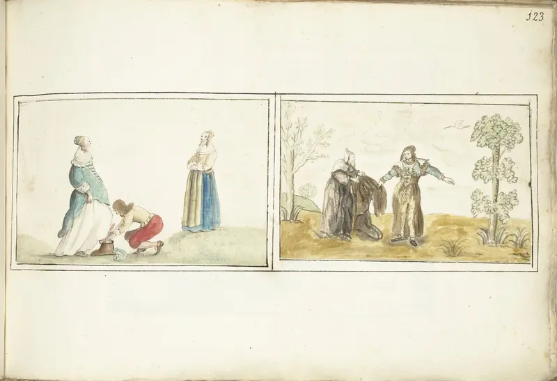 Heer die een schoen strikt en kluizenaar die een mantel aangeeft Wall Art by Gesina ter Borch - High-Resolution Digital Print