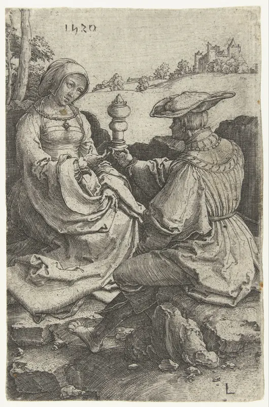 Heer en dame gezeten in een landschap Wall Art by Unknown - High-Resolution Digital Print