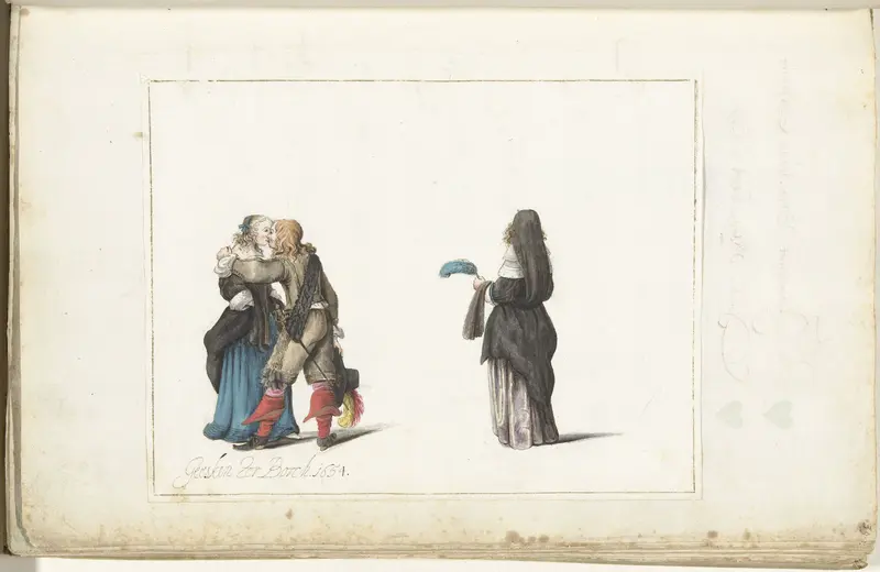 Heer en dame kussend en een vrouw van achteren Wall Art by Unknown - High-Resolution Digital Print