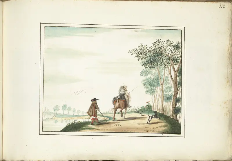 Heer en dame te paard en een voetganger in een landschap Wall Art by Unknown - High-Resolution Digital Print