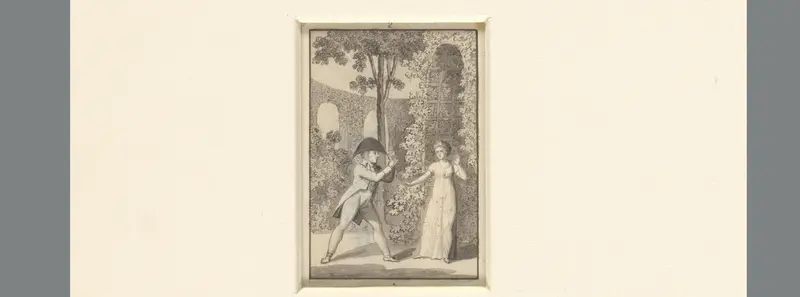 Heer met steek spreekt een dame aan voor een tuinprieël Wall Art by Sigmund Ferdinand Ritter von Perger - High-Resolution Digital Print