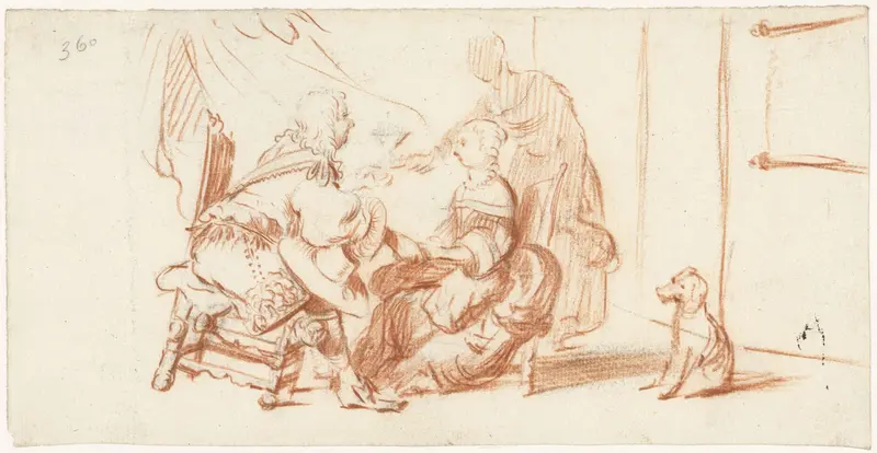 Heer pratend met een dame, ernaast een dienstmeid en een hond Wall Art by Gesina ter Borch - High-Resolution Digital Print