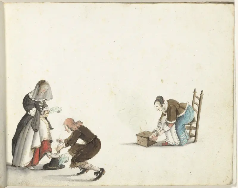 Heer strikt de schoen van een dame en een vrouw doet vuur in een stoof Wall Art by Gesina ter Borch - High-Resolution Digital Print