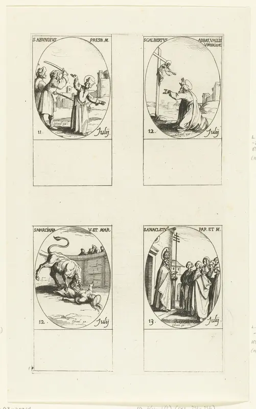 Heilige Abundius van Cordoba, Heilige Johannes Gualbertus, Heilige Marciana van Toledo/Caesarea, Heilige Anacletus (11-13 juli) Wall Art by Jacques Callot - High-Resolution Digital Print