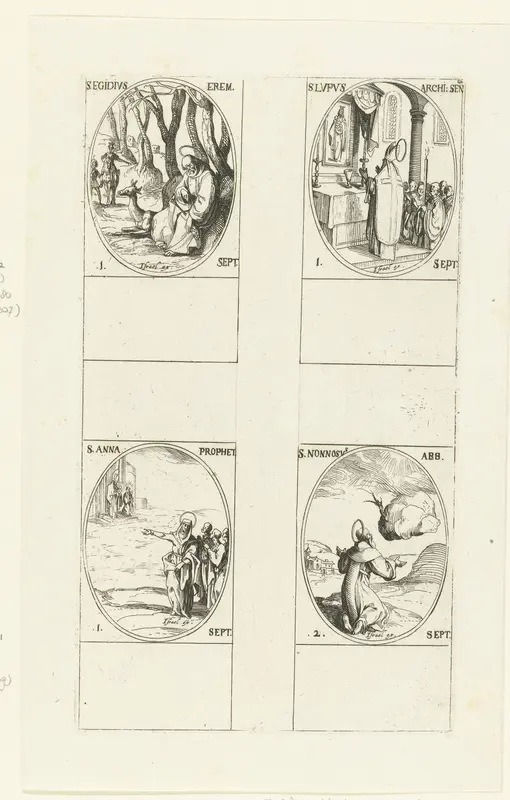 Heilige Aegidius van Nîmes, Heilige Lupus van Sens, Heilige profetes Anna, Heilige Nonnosus van Soracte (1-2 september) Wall Art by Jacques Callot - High-Resolution Digital Print