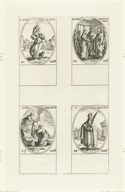 Heilige Agnes, Huwelijk van Maria en Jozef, Heilige Ildefonsus, Heilige Timotheüs (21-24 januari) Wall Art by Jacques Callot - High-Resolution Digital Print