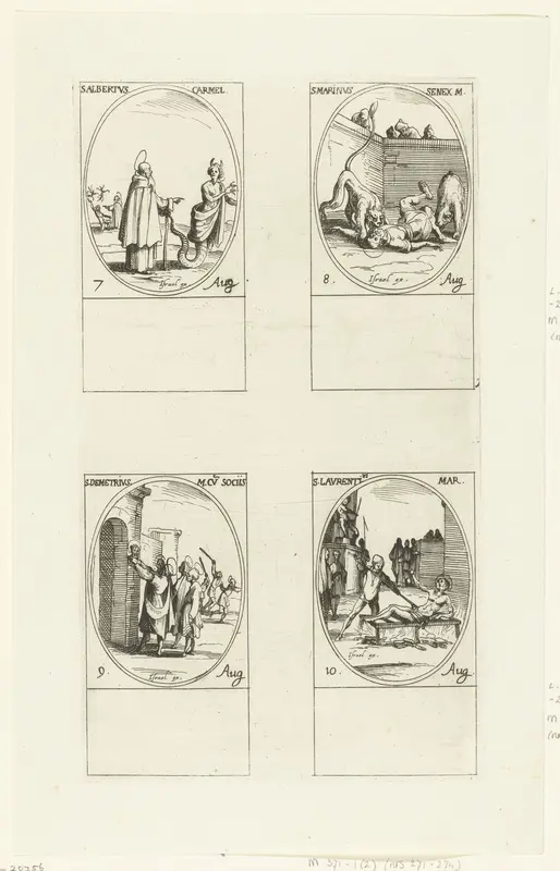 Heilige Albertus van Trapani, Heilige Marinus van Anazarbus, Heilige Demetrius en gezellen, Heilige Laurentius van Rome (7-10 augustus) Wall Art by Jacques Callot - High-Resolution Digital Print