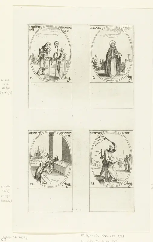 Heilige Alexander Carbonarius, Heilige Clara van Assisi, Heilige Digna en gezellen, Heilige Concordia (11-13 augustus) Wall Art by Jacques Callot - High-Resolution Digital Print