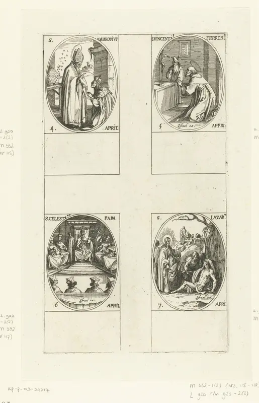 Heilige Ambrosius van Milaan, Heilige Vincentius Ferrerius, Heilige Coelestinus I, Heilige Lazarus van Betanië (4-7 april) Wall Art by Jacques Callot - High-Resolution Digital Print