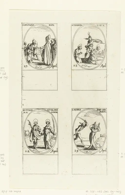 Heilige Anastasius I, Heilige Theodora van Alexandrië, Heilige Vitalis en Valeria van Ravenna, Heilige Petrus Martyr van Verona (27-29 april) Wall Art by Jacques Callot - High-Resolution Digital Print