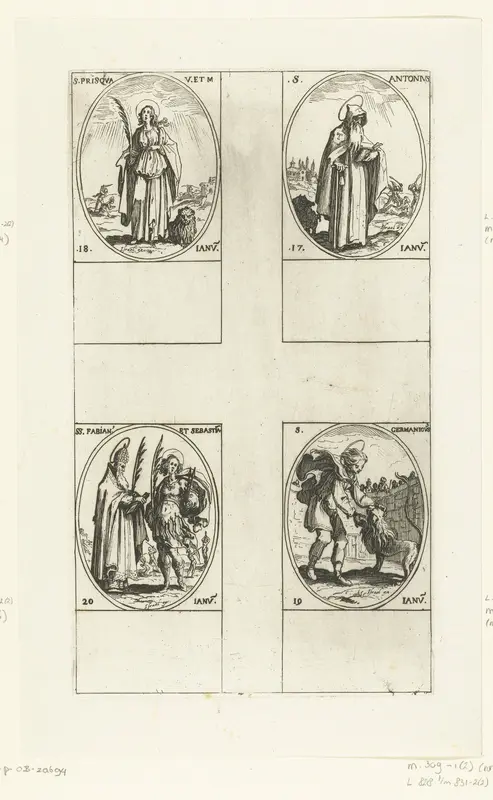 Heilige Antonius Abt, Heilige Prisca van Rome, Heilige Germanicus, Heilige Fabianus en Heilige Sebastiaan (17-20 januari) Wall Art by Jacques Callot - High-Resolution Digital Print