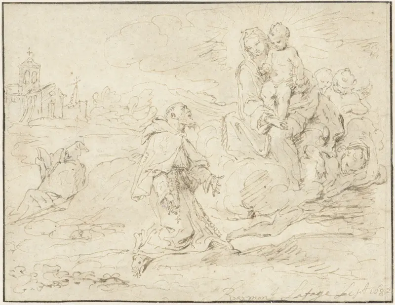 Heilige Antonius van Padua knielend in een landschap