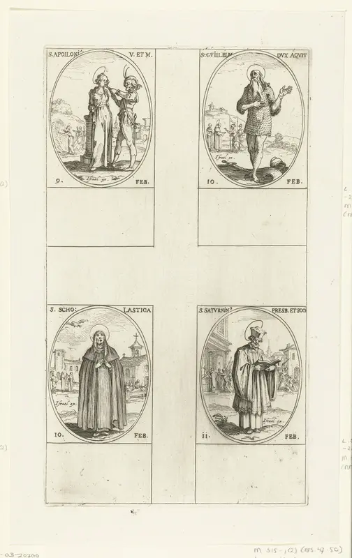 Heilige Apollonia, Heilige Willem van Aquitanië, Heilige Scholastica, Heilige Saturninus (9-11 februari) Wall Art by Jacques Callot - High-Resolution Digital Print