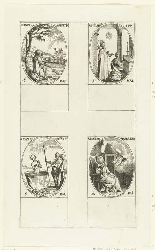 Heilige Augustinus van Hippo, Heilige Hilarius van Arles, Heilige Johannes de Evangelist, Heilige Johannes Damascenus (5-6 mei) Wall Art by Jacques Callot - High-Resolution Digital Print