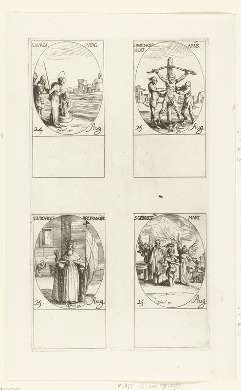 Heilige Aurea van Ostia, Heilige Bartholomeüs, Heilige Lodewijk IX van Frankrijk, Heilige Genesius de Toneelspeler (24-25 augustus) Wall Art by Jacques Callot - High-Resolution Digital Print
