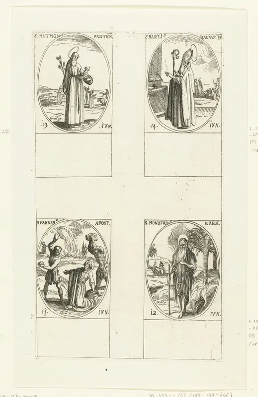 Heilige Barnabas van Cyprus, Heilige Onyphrius de Grote, Heilige Antonius van Padua, Heilige Basilius de Grote (11-14 juni) Wall Art by Jacques Callot - High-Resolution Digital Print