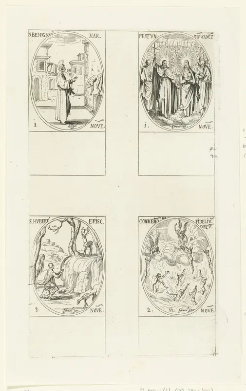 Heilige Benignus van Dijon, Christus met Maria en vele heiligen (Allerheiligen), Engelen trekken zielen de hemel in (Allerzielen), Heilige Hubertus van Luik (1-3 november) Wall Art by Jacques Callot - High-Resolution Digital Print