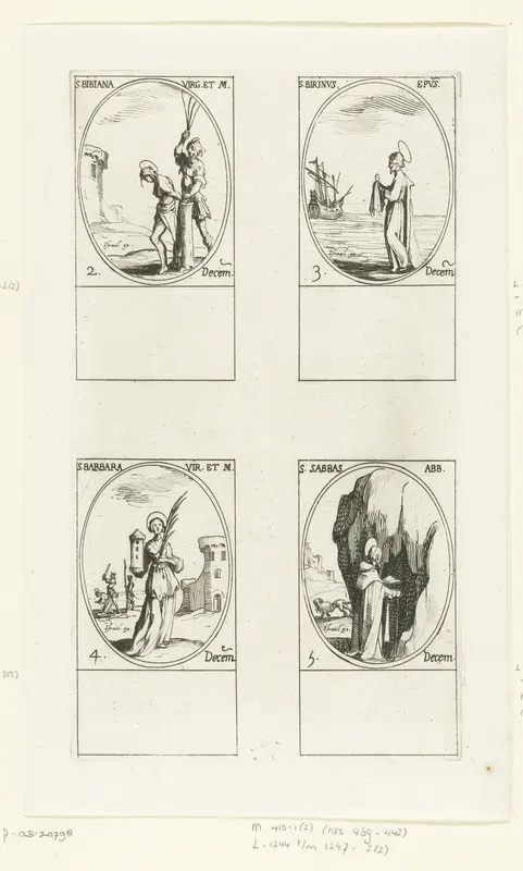 Heilige Bibiana van Rome, Heilige Birinus van Dorchester, Heilige Barbara van Nicomedië, Heilige Sabas van Mar-Saba (2-5 december) Wall Art by Jacques Callot - High-Resolution Digital Print