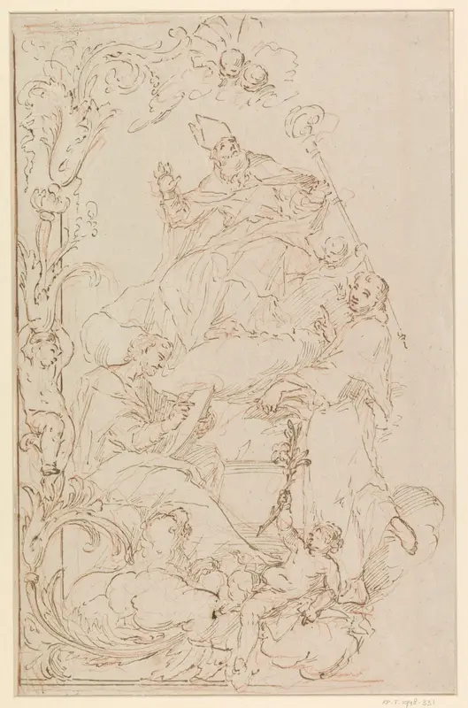 Heilige bisschop met aan zijn voeten de evangelist Marcus en een staande heilige Wall Art by Unknown - High-Resolution Digital Print