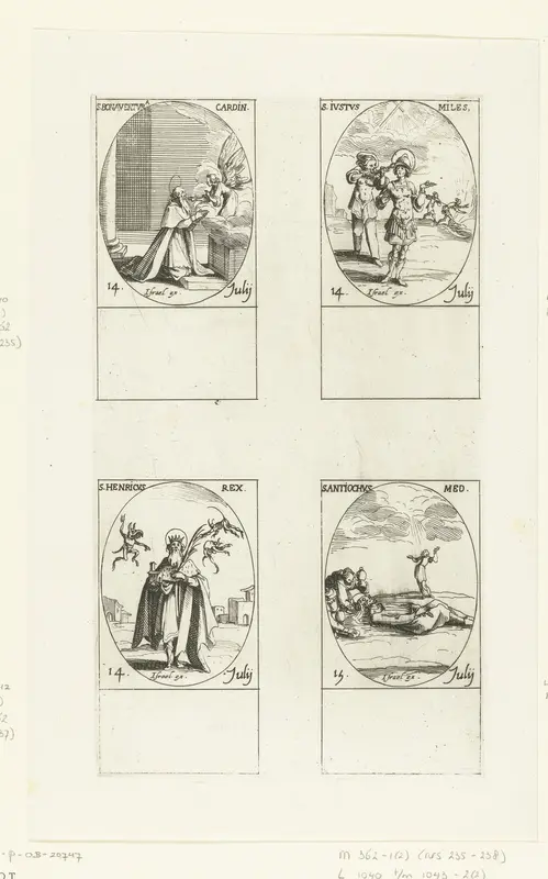 Heilige Bonaventura van Lyon, Heilige Justus, Heilige Henricus II van Duitsland, Heilige Antiochus van Sebaste (14-15 juli) Wall Art by Jacques Callot - High-Resolution Digital Print