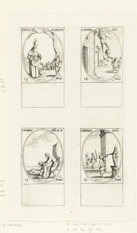Heilige Brictius van Tours en Heilige Aemilianus Cucullatus, Heilige Serapion van Alexandrië, Heilige Eugenius van Parijs, Heilige Edmundus van Abingdon (13-16 november) Wall Art by Jacques Callot - High-Resolution Digital Print