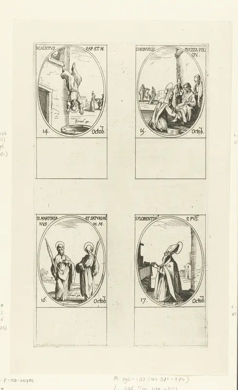 Heilige Calixtus I, Heilige Hedwig van Silezië, Heilige Martinianus en Heilige Saturianus, Heilige Florentinus van Trier (14-17 oktober) Wall Art by Jacques Callot - High-Resolution Digital Print