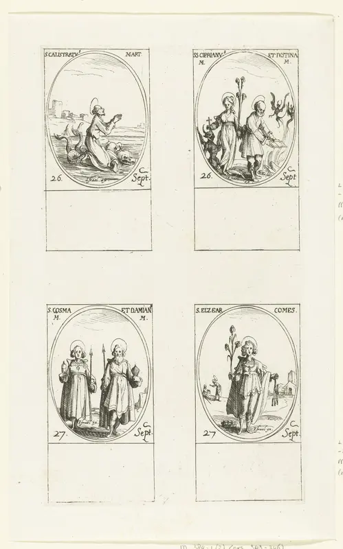 Heilige Callistratus, Heilige Cyprianus van Antiochië en Heilige Justina van Nicomedië, Heilige Cosmas en Heilige Damianus, Heilige Eleazar van Sabran (26-27 september) Wall Art by Jacques Callot - High-Resolution Digital Print