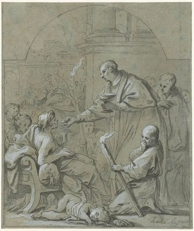Heilige Carolus Borromeus geeft pestlijders de laatste Communie Wall Art by Claude Guy Hallé - High-Resolution Digital Print