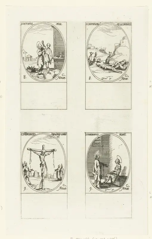 Heilige Castor, Heilige Carpophorus en de Vier Gekroonden, Kruisiging (Allerhoogste Verlosser), Heilige Theodorus Tiro van Euchaïta (8-9 november) Wall Art by Jacques Callot - High-Resolution Digital Print