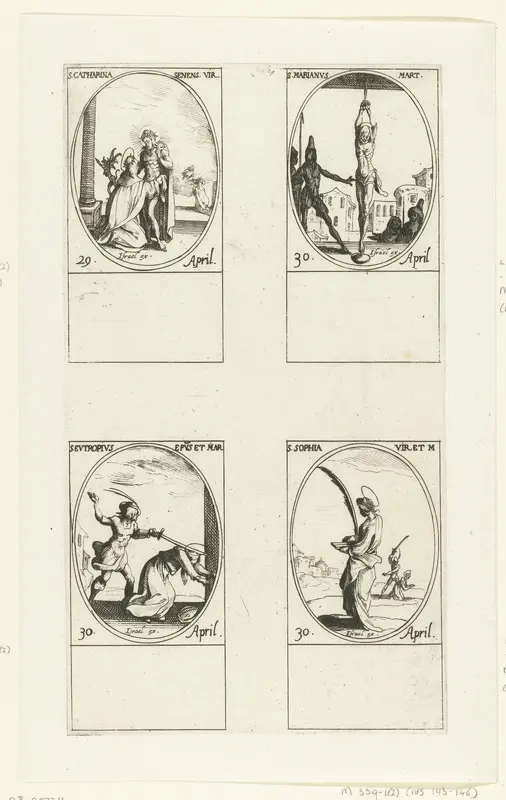 Heilige Catharina van Siena, Heilige Marianus van Lambaesis, Heilige Eutropius van Saintes, Heilige Sophia (29-30 april) Wall Art by Jacques Callot - High-Resolution Digital Print