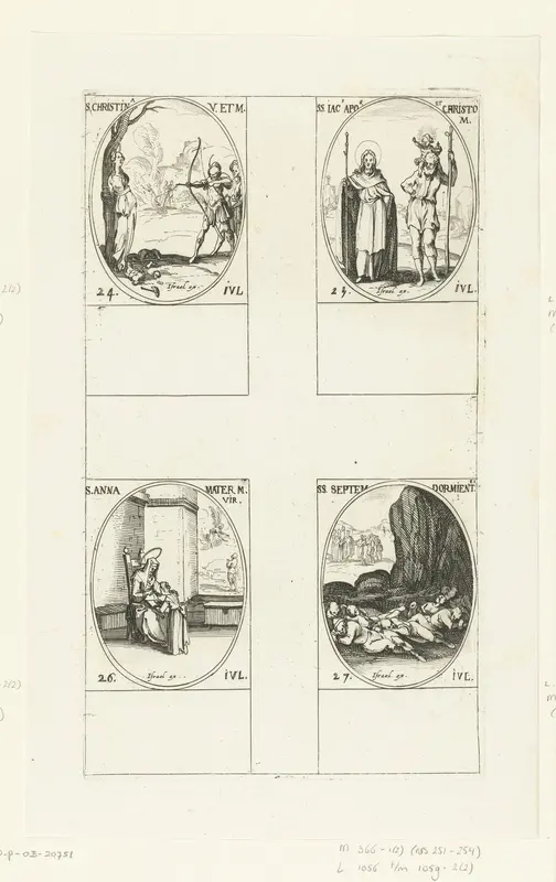 Heilige Christina van Bolsena, Heilige Jakobus de Meerdere en de Heilige Christoffel, Heilige Anna, Heilige Zeven slapers van Efeze (24-27 juli) Wall Art by Jacques Callot - High-Resolution Digital Print