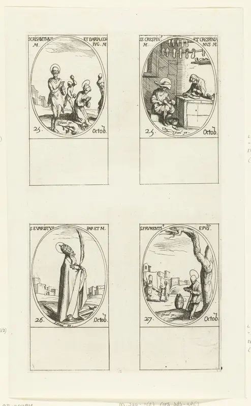 Heilige Chrysanthus en Heilige Daria van Rome, Heilige Crispinus en Heilige Crispinianus van Soissons, Heilige Evaristus, Heilige Frumentius van Ethiopië (25-27 oktober) Wall Art by Jacques Callot - High-Resolution Digital Print