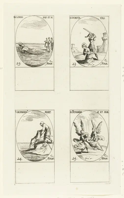 Heilige Clemens I, Heilige Lucretia van Mérida, Heilige Chrysogonus van Aquileia, Heilige Catharina van Alexandrië (23-25 november) Wall Art by Jacques Callot - High-Resolution Digital Print