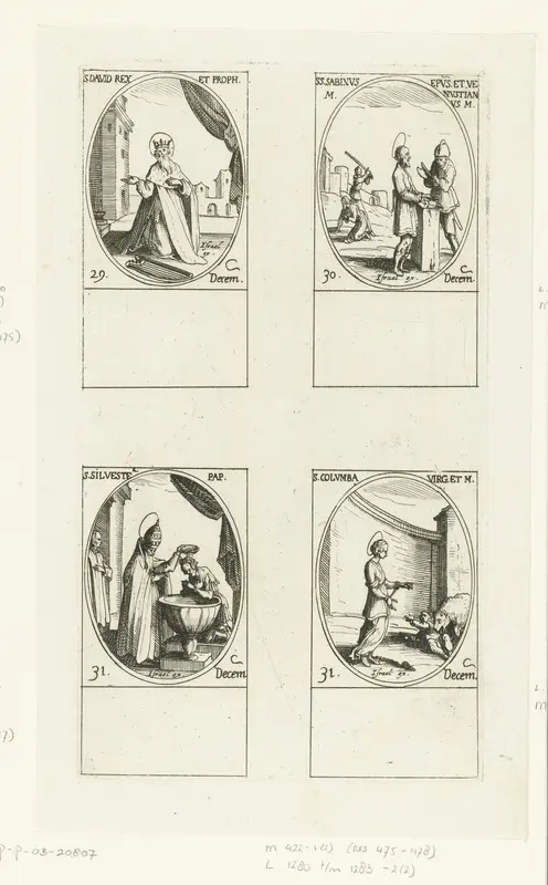 Heilige David, Heilige Sabinus en Heilige Venustianus van Spoleto, Heilige Silvester I, Heilige Columba van Sens (29-31 december) Wall Art by Jacques Callot - High-Resolution Digital Print