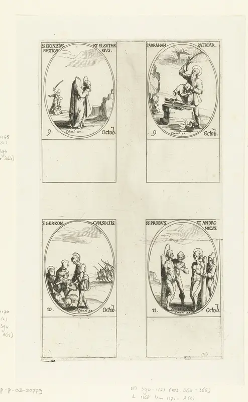 Heilige Dionysius van Parijs, Heilige Eleutherius en Heilige Rusticus, Heilige Abraham, Heilige Gereon van Keulen en gezellen, Heilige Probus en Heilige Andronicus (9-11 oktober) Wall Art by Jacques Callot - High-Resolution Digital Print
