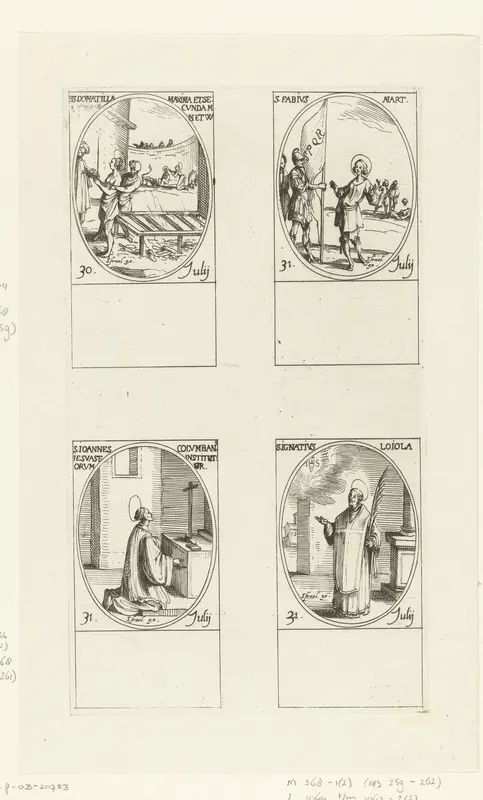 Heilige Donatilla, Heilige Maxima en Heilige Secunda van Tébourda, Heilige Fabius, Zalige Johannes Colombini, Heilige Ignatius van Loyola (30-31 juli) Wall Art by Jacques Callot - High-Resolution Digital Print