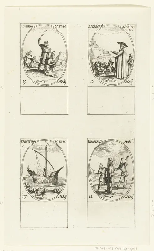 Heilige Dymphna van Geel, Heilige Peregrinus van Auxerre, Heilige Restitua van Napels, Heilige Dioscorus van Egypte (15-18 mei) Wall Art by Jacques Callot - High-Resolution Digital Print