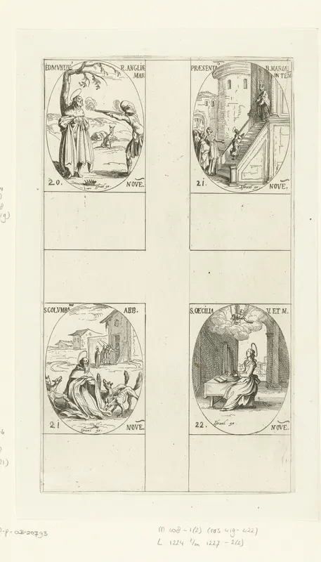 Heilige Edmundus van East Anglia, Presentatie van Maria in de tempel (Maria Presentatie), Heilige Columbanus van Bobbio, Heilige Caecilia van Rome (20-22 november) Wall Art by Jacques Callot - High-Resolution Digital Print
