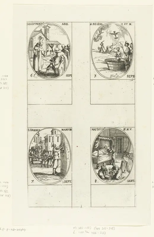 Heilige Eleutherius van Spoleto, Heilige Regina van Alise-Sainte-Reine, Heilige Johannes Martyr, Geboorte van Maria (Maria-Geboorte) (6-8 september) Wall Art by Jacques Callot - High-Resolution Digital Print