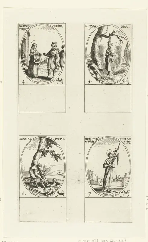 Heilige Elisabeth van Portugal, Heilige Zoë van Rome, Heilige Jesaja, Heilige Ethelburga van Faremoutiers (4-7 juli) Wall Art by Jacques Callot - High-Resolution Digital Print