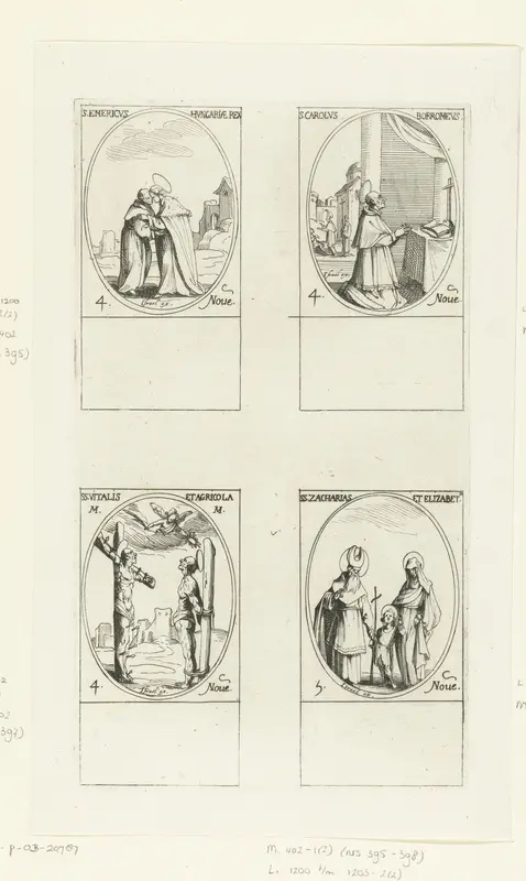 Heilige Emeric van Hongarije, Heilige Carolus Borromaeus, Heilige Vitalis en Heilige Agricola van Bologna, Heilige Zacharias en Heilige Elizabeth met de Heilige Johannes de Doper (4-5 november) Wall Art by Jacques Callot - High-Resolution Digital Print