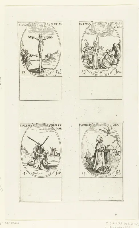 Heilige Eulalia, Heilige Fusca en Heilige Maura, Heilige Valentinus, Heilige Antoninus Abt (12-14 februari) Wall Art by Jacques Callot - High-Resolution Digital Print