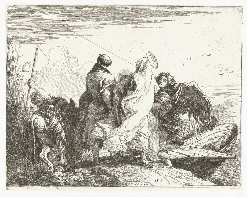 Heilige familie begeleid door engel op oever bij boot Wall Art by Unknown - High-Resolution Digital Print