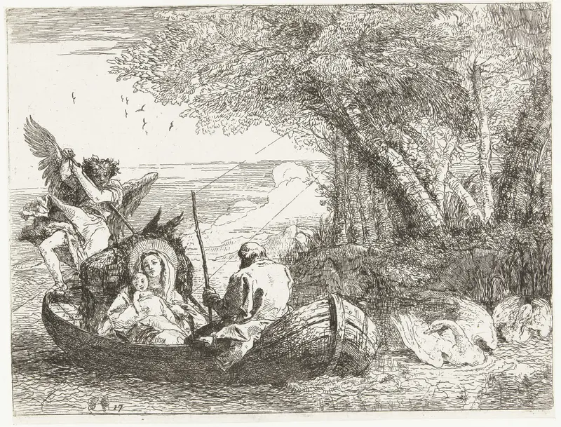 Heilige familie door engel in boot het water overgezet Wall Art by Unknown - High-Resolution Digital Print