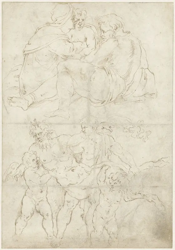 Heilige familie en een sater door twee kinderen en een faun gedragen Wall Art by Unknown - High-Resolution Digital Print
